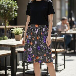 Vintage Jessy Black Floral Skirt Lined A-Line Size L